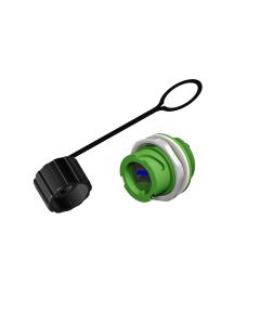 IP67 USB • Panel mounted receptacle & protection cap • USB 3.0 Type A Bayonet (IP67) • Plastic green