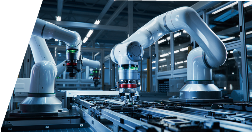 Close-up of High Precision Robot Arms on Automated PCB Assembly Line Inside Modern Electronics Factory. Component Installation. Board. Electronic Devices Production Industry. Manufacturing Automation