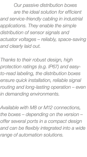 Our passive distribution boxes are the ideal solution for efficient and service friendly cabling in industrial applic...